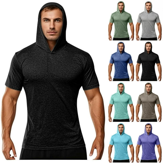 LODIENY Short Sleeve Hoodies for Men Lightweight Moisture Wicking Quick Dry Shirts Workout Gym Tshirts Muscle Pullover Athletic Hooded Tees Tops Sky Blue XXL