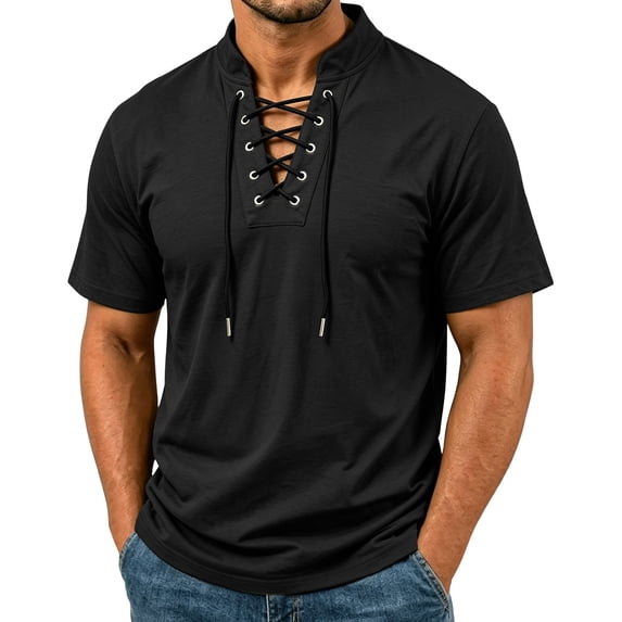 LODIENY Short Sleeve Shirts for Men Retro Style Lace up Tops Medieval Viking Hippie Halloween Cosplay Pirate Renaissance Costume Black M