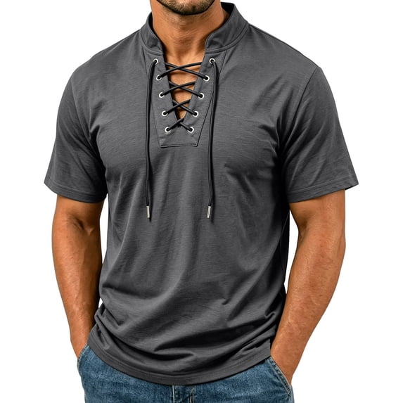 LODIENY Short Sleeve Shirts for Men Retro Style Lace up Tops Medieval Viking Hippie Halloween Cosplay Pirate Renaissance Costume Dark Gray S
