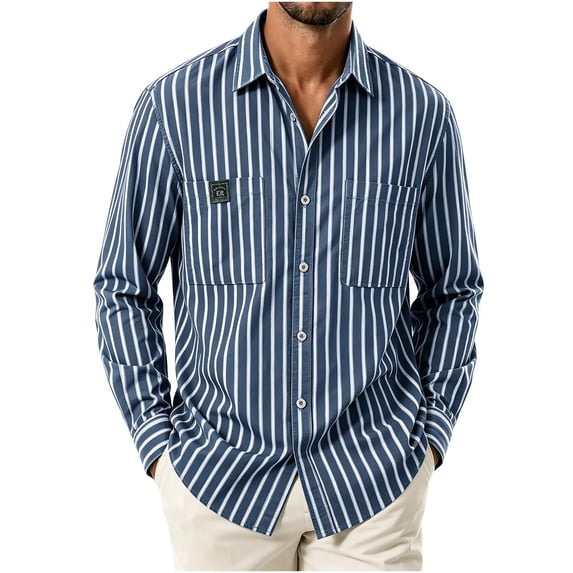 LODIENY Striped Long Sleeve Dress Shirt for Men Button Down Collared Baggy Stylish Work Blouses with Pockets Dark Blue XL