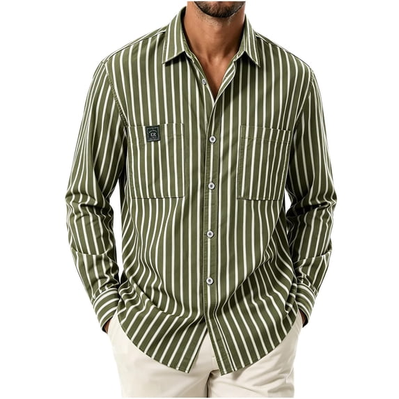 LODIENY Striped Long Sleeve Dress Shirt for Men Button Down Collared Baggy Stylish Work Blouses with Pockets Green L