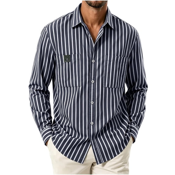 LODIENY Striped Long Sleeve Dress Shirt for Men Button Down Collared Baggy Stylish Work Blouses with Pockets Navy M
