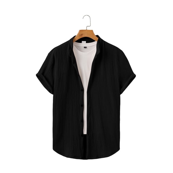 LODIENY Summer Short Sleeve Cotton Linen Shirts for Men Casual Button Down Band Neck Shirts Lightweight Beach Vacation Tops Black XL