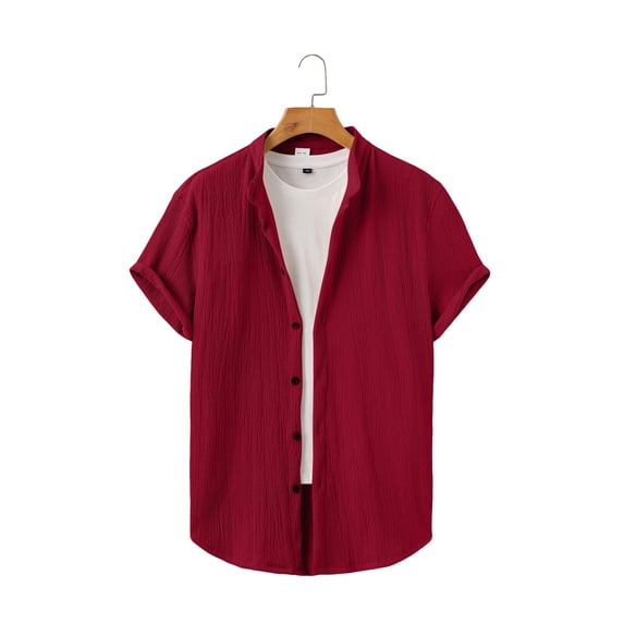 LODIENY Summer Short Sleeve Cotton Linen Shirts for Men Casual Button Down Band Neck Shirts Lightweight Beach Vacation Tops Red M