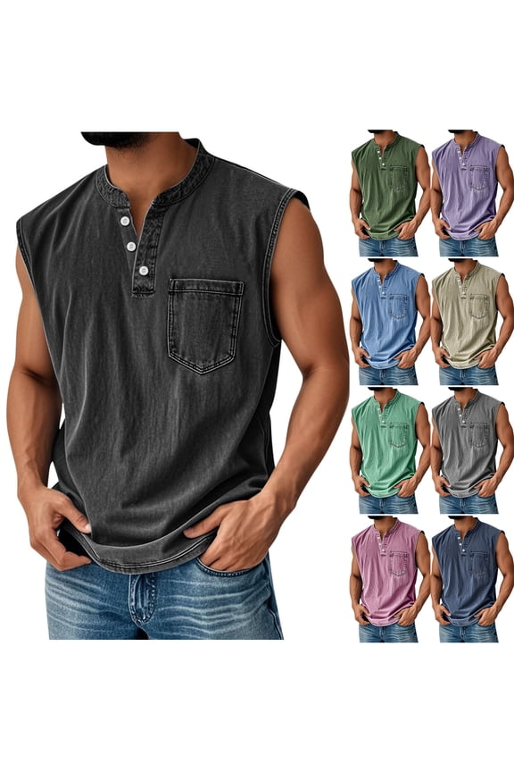 Tank Tops Henley Shirts for Men Sleeveless Gym Workout Running Beach Summer Vintage Button Down V Neck Solid Muscle T-Shirts with Pockets Army Green L