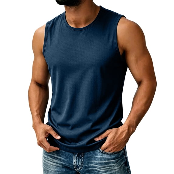LODIENY Tank Tops for Men Quick Dry Sleeveless Crew Neck Athletic Shirts Stretch Lightweight Breathable Shirt Gym Workout Running Beach Muscle Fit Summer Tees Dark Blue S