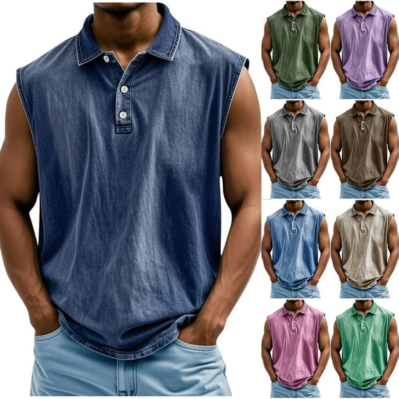 LODIENY Tank Tops for Men Summer Sleeveless Henley Shirts Vintage Distressed Washed V Neck Button Muscle T-Shirts Loose Fit Casual Athletic Workout Collared Tees Vest Brown XL