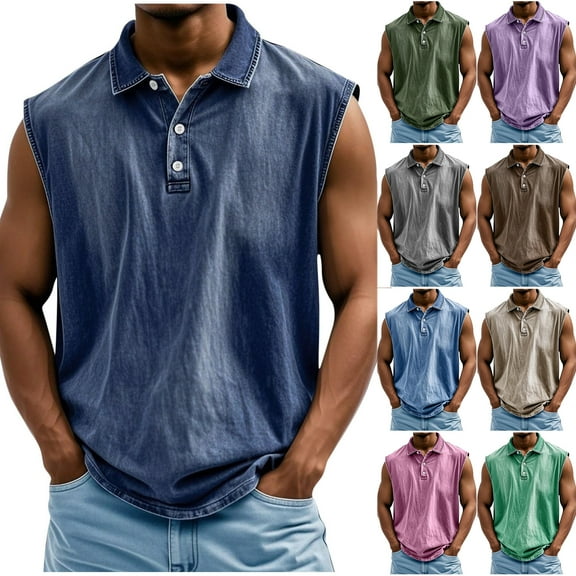 LODIENY Tank Tops for Men Summer Sleeveless Henley Shirts Vintage Distressed Washed V Neck Button Muscle T-Shirts Loose Fit Casual Athletic Workout Collared Tees Vest Brown XXL