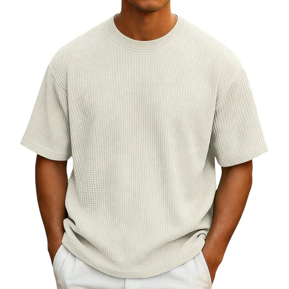 LODIENY Waffle T Shirts for Men Half Sleeve Crew Neck Breathable Tees Classic Loose Fit Workout Casual Tops Beige XXL