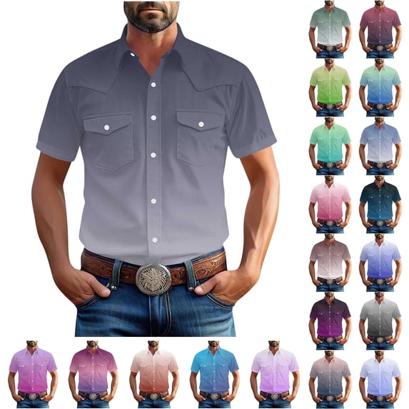 LODIENY Western Cowboy Shirts for Men Tie Dye Gardient Printed Long Sleeve Pearl Snap Button Down Cotton Work T-Shirt Men's Casual Shirt Jacket with Two Pockets Red XL