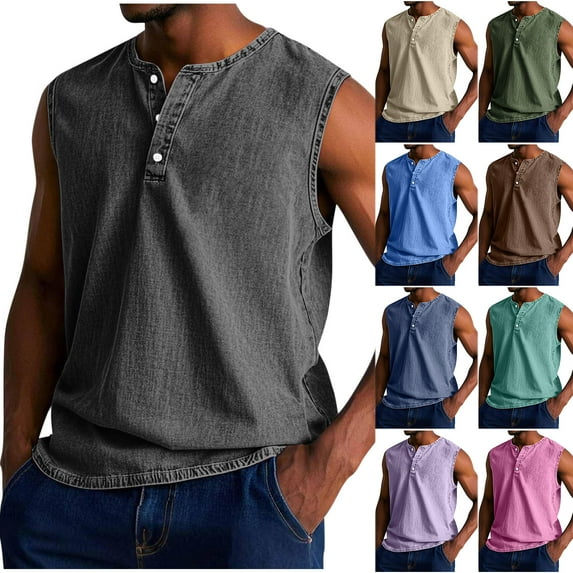 LODIENY Workout Tank Tops for Men Big and Tall Regular Fit Casual Summer Sleeveless Button V Neck Henley Shirts Vintage Muscle Gym T-Shirt Tops Army Green XXL