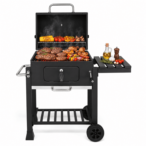 LODZPK Charcoal Grill with Foldable Side Table & Wheels, Heavy-Duty for Patio Garden Grilling