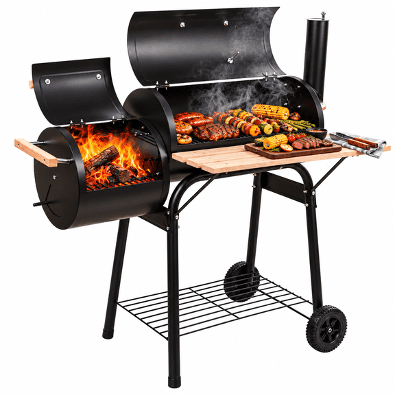 LODZPK Portable Charcoal BBQ Grill with Thermometer, Large Cooking Area for Camping, Picnic & Outdoor, Black