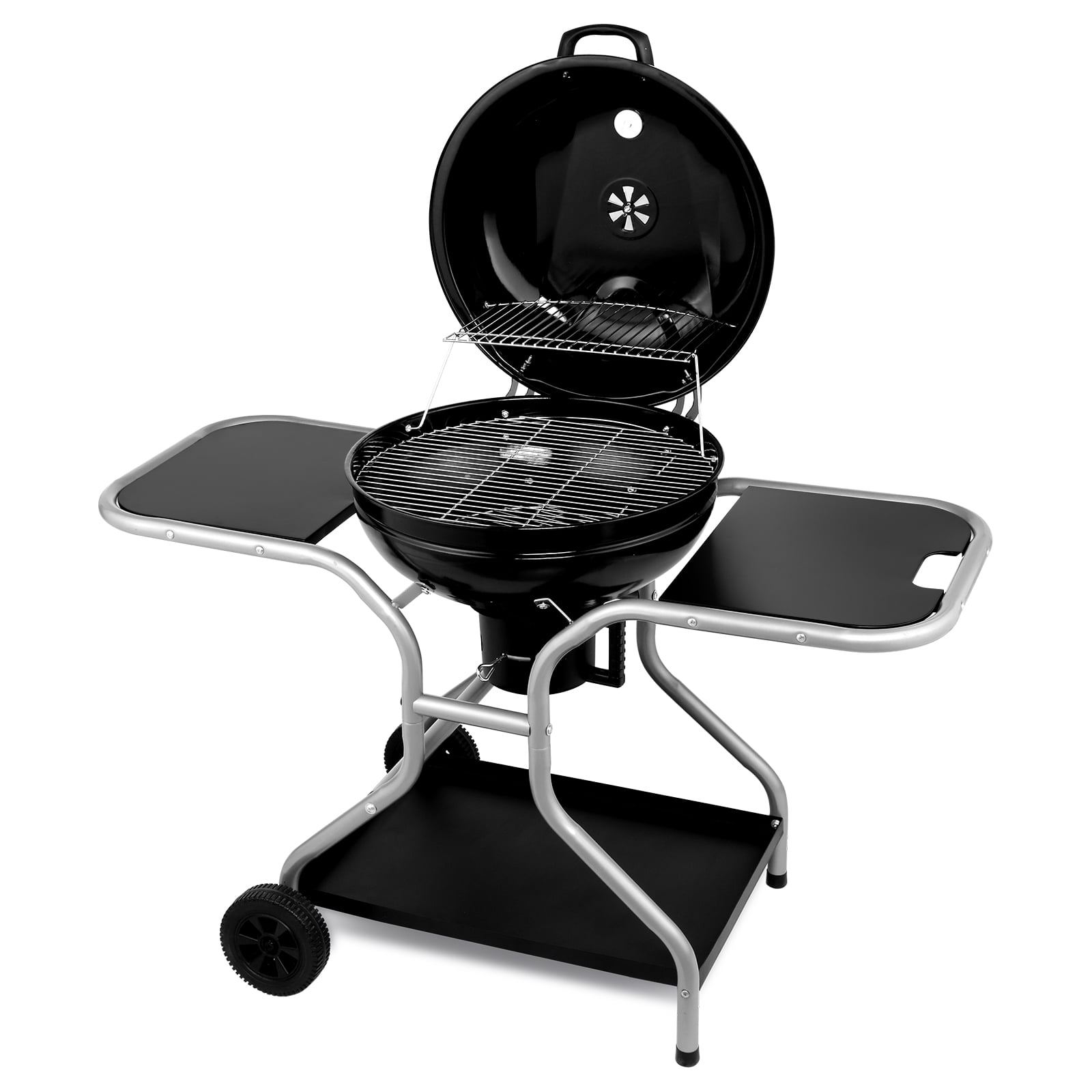 LODZPK Portable Kettle Charcoal Grill with 2 Side Tables, Storage Shelf & Upgraded Ash Catcher, Outdoor BBQ with Thermometer & Air Vents (Wheels Included)