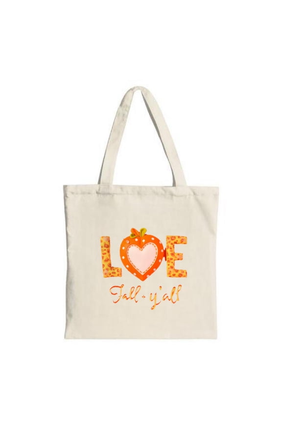 LOE Fall Yall Tote Bag - Orange Pumpkin with White Polka Dots Green Stem Cotton Canvas Perfect for Shopping Parties & Travel