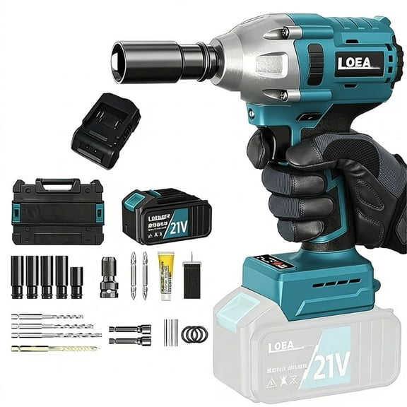 LOEA 21V 3-in-1 Cordless Impact Wrench Kit - 500 Nm Max Torque, 1/2" Brushless Motor, 14.0Ah Battery, 2-Speed Variable Trigger, for Auto, Tire & Home DIY - Screwdriver, Drill, Wrench Combo