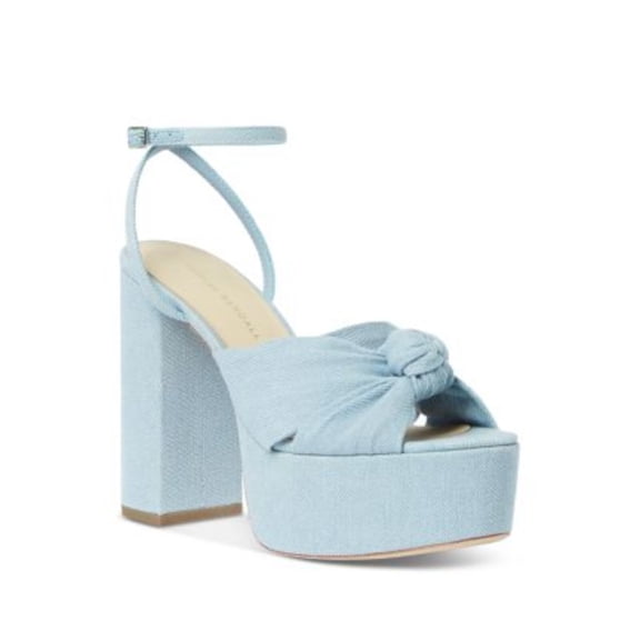 LOEFFLER RANDALL Womens Light Blue Denim Knotted Ankle Strap Padded Roz-den Open Toe Block Heel Buckle Heeled Sandal 9.5 B