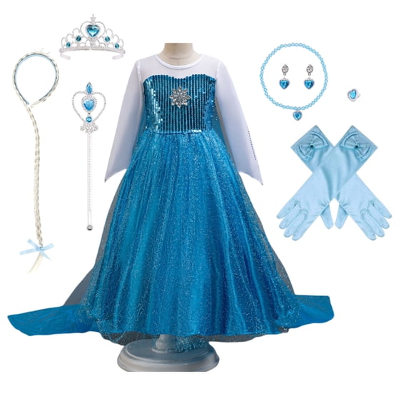LOEL Girls Blue Princess Dress Fairy Queen Sequin Long-Sleeve Blue Dress Christmas Birthday Party Dress Up