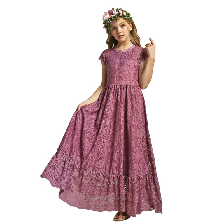 Hawee Flower Girls Lace Dress Cotton Ruched Backless Maxi Dress Short Sleeve Swing Hem Long Evening Gown for Girs 2 13 Girl s Purple