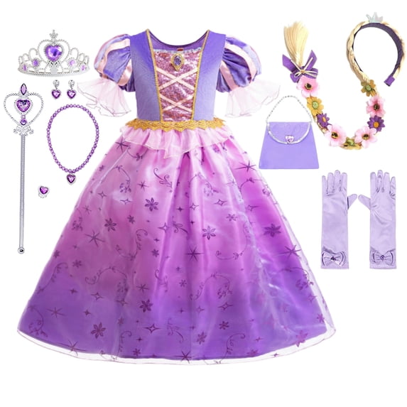 LOEL Girls Princess Costume Puff Sleeve Purple Fancy Dress with Accessories Ages 3-10 for Halloween Birthday Party