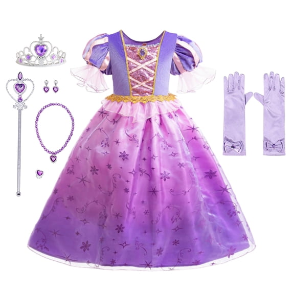 LOEL Girls Princess Costume Puff Sleeve Purple Fancy Dress with Accessories Ages 3-10 for Halloween Birthday Party