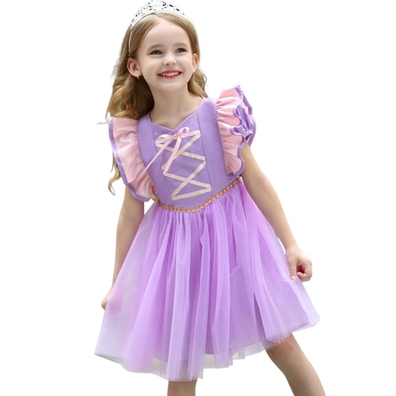 LOEL Little Girls Princess Fancy Dress Short Sleeve Purple Tulle Casual Dress Wedding Party Dresses 2-9Y