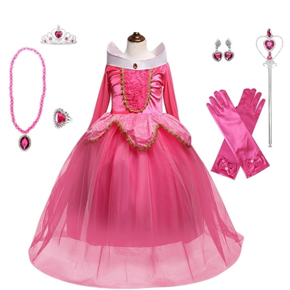 HAWEE Little Girls Princess Cosplay Dress Off Shoulder Pink Dress Halloween Fancy Dress Accessories Age 3-8Y