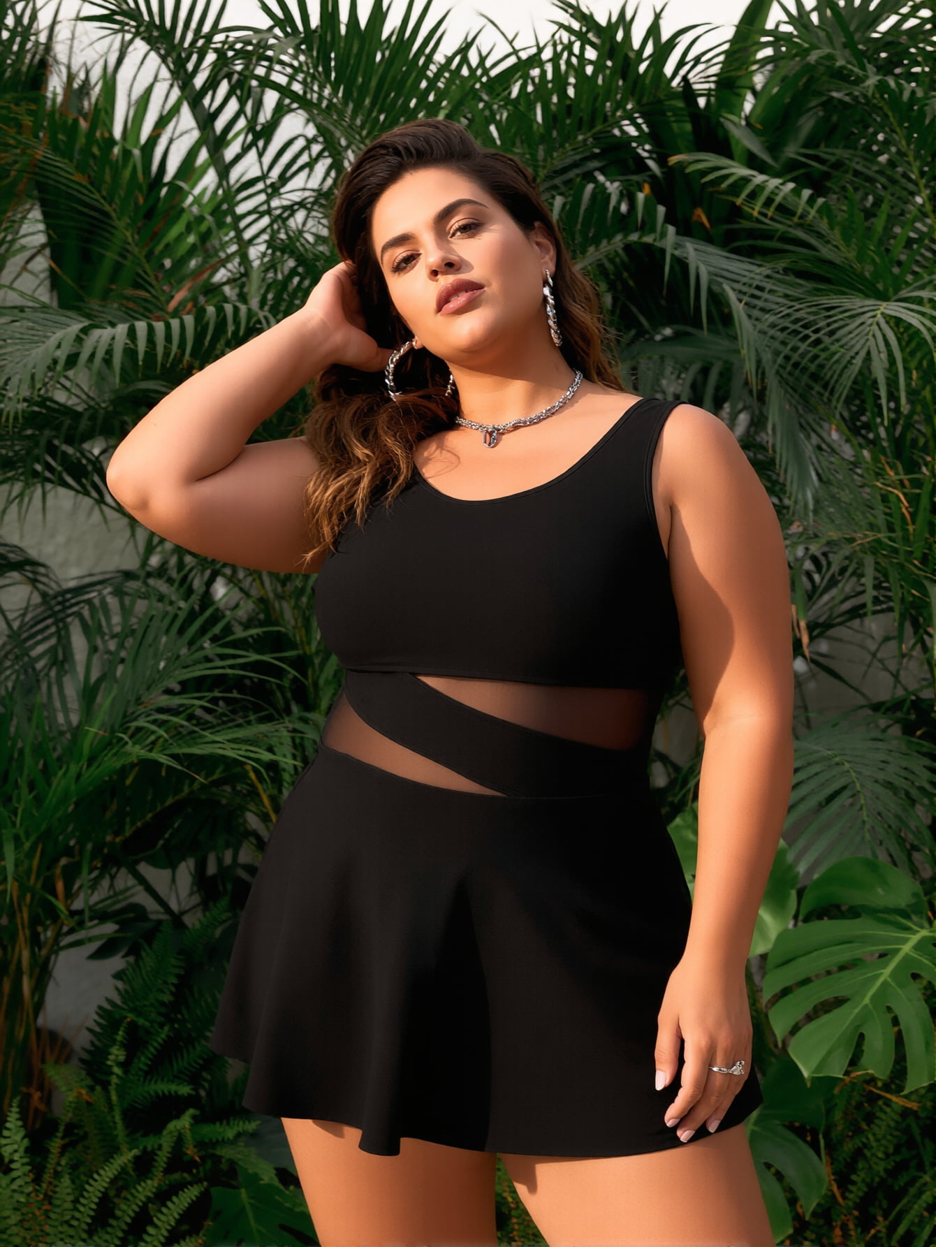 LOEL Plus Size Black One Piece Swim Dress Tummy Control Mesh Cutout ...
