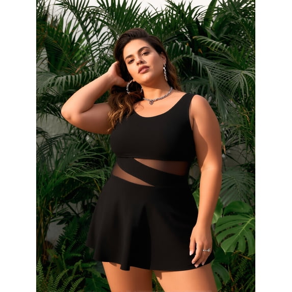 LOEL Plus Size Black One Piece Swim Dress Tummy Control Mesh Cutout Bathing Suit