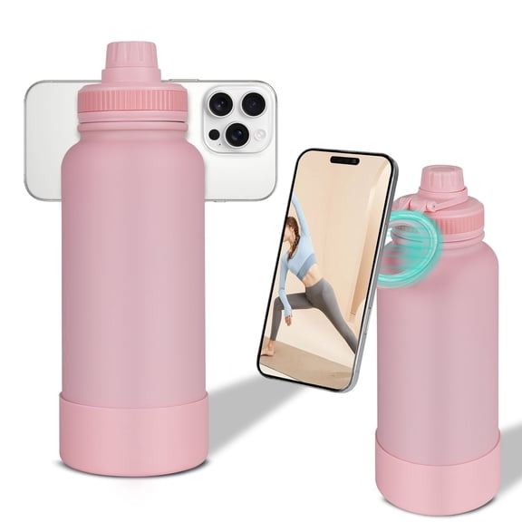 LOEL Stainless Steel 1000ml Sports Bottle with Magnetic Phone Stand, 12H Temp Retention, Non-Slip Leak-Proof for Fitness Travel Gym Office