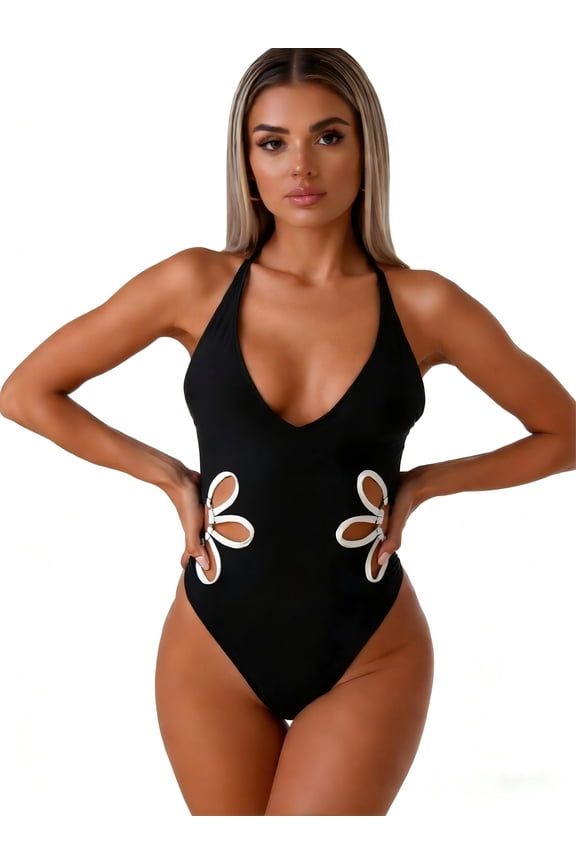Women's Black One-Piece Swimsuit Plunge V-Neck Halter Cross Back Tie Flower Cutout Bathing Suit