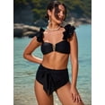 thumbnail image 1 of LOEL Women's Black Ruffle Shoulder Bikini Set High-Waisted Front Tie Two-Piece Swimsuit, 1 of 4