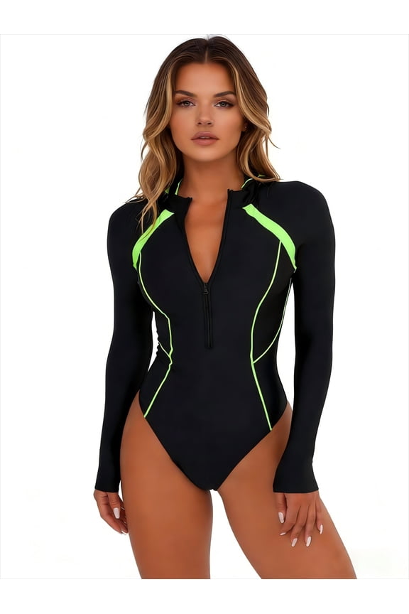 Women's Long Sleeve Zip Rash Guard One-Piece Swimsuit with Contrast Piping