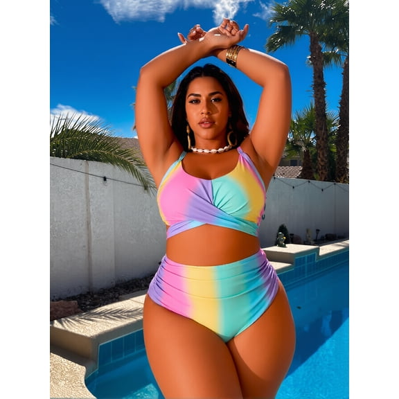 LOEL Women’s Plus Size Twist Front High Waisted Two Piece Swimsuit Set