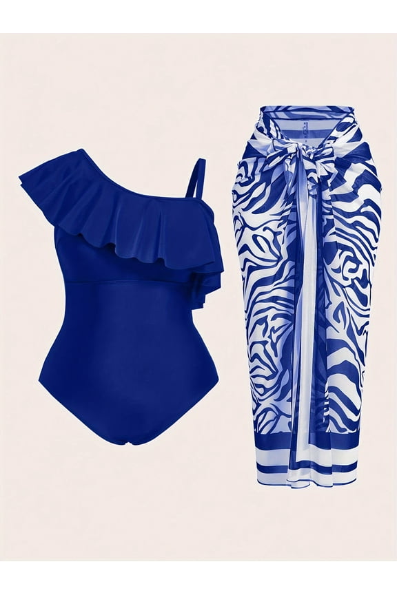 Women's Ruffle Trim Tummy Control One-Piece Swimsuit with Cover-Up Skirt Set