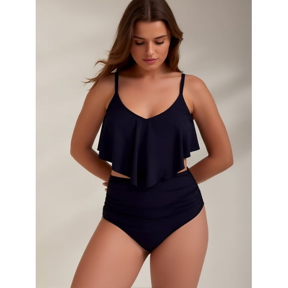 LOEL Women's Tummy Control 2-Piece Swimsuit High Waisted Ruffled Tank Top