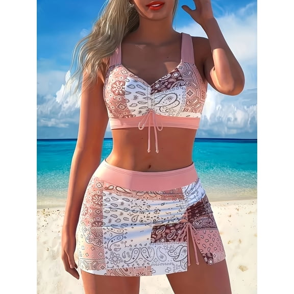 LOEL Women's Two-Piece Swimsuit Front Ruched Drawstring High-Waisted Swim Skirt