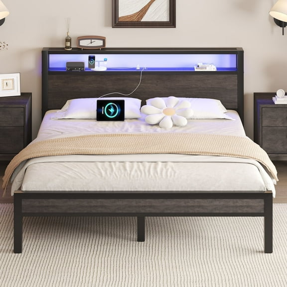 LOEWAY Full Size Bed Frame with LED Storage Headboard & Charging Station, No Box Spring Needed, Gray