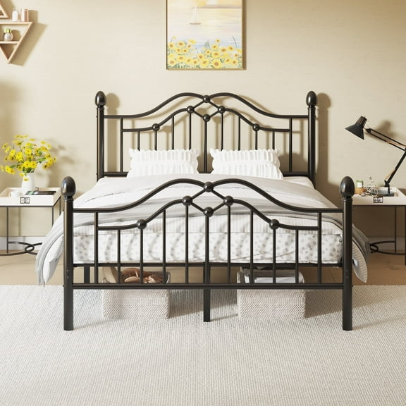 LOEWAY Full Size Metal Platform Bed Frame with Victorian Vintage Style Headboard, No Box Spring Needed, Black
