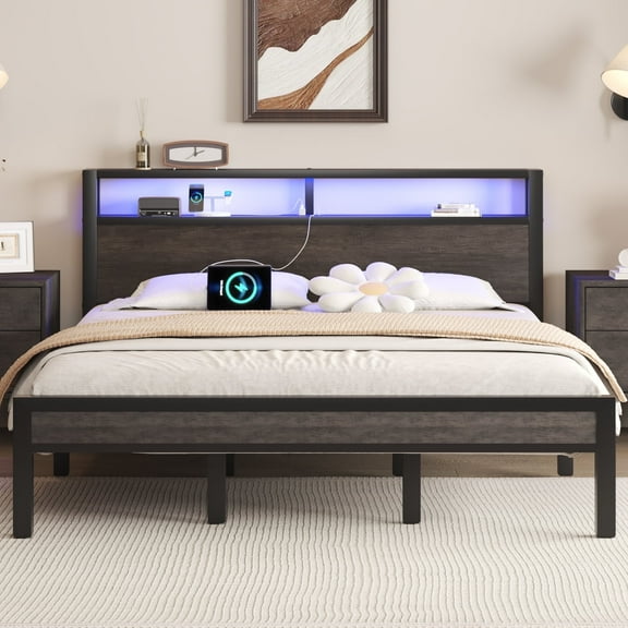 LOEWAY King Size Bed Frame with LED Storage Headboard & Charging Station, No Box Spring Needed, Gray