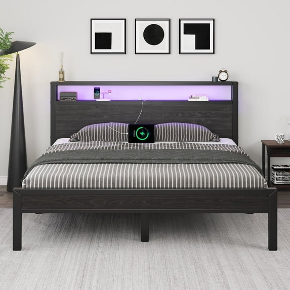 Queen Size Bed Frame with LED Storage Headboard & Charging Station, No Box Spring Needed, Black