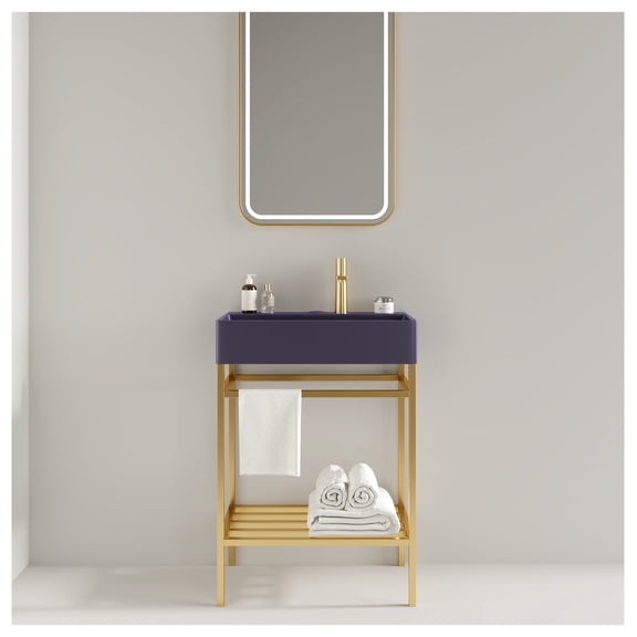 LOFI 24" Bathroom Vanity with Ceramic Basin, Freestanding Bathroom Console Sink Set, Glossy Rectangular Ceramic Basin without , Open Metal Leg, Storage Shelves, Color