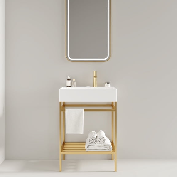LOFI 24" Bathroom Vanity with Ceramic Basin, Freestanding Bathroom Console Sink Set, Glossy White Rectangular Ceramic Basin without Faucet, Open Metal Leg, Storage Shelves, Gold Color
