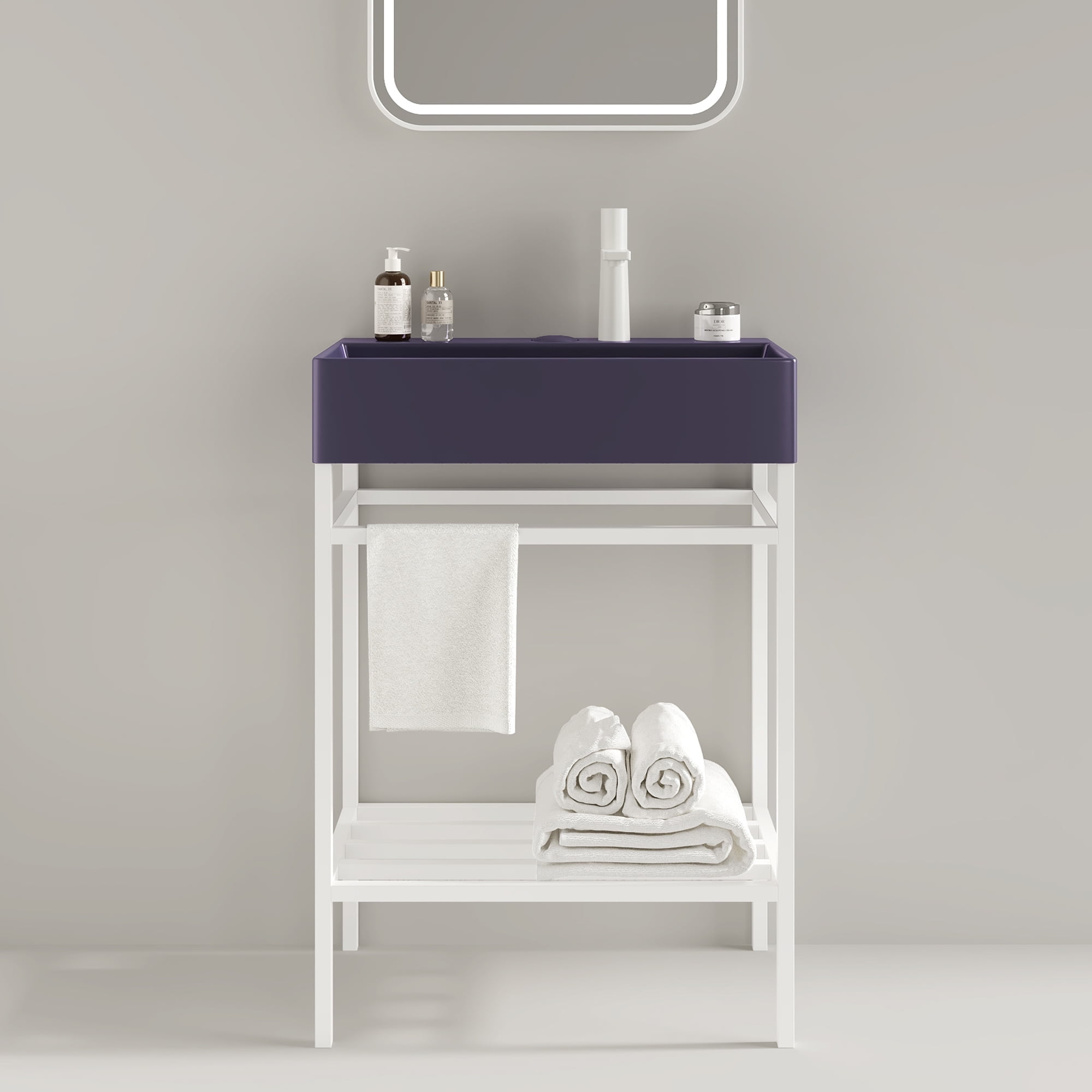 24" Glossy Purple Ceramic Basin Freestanding Bathroom Vanity with White Metal Frame