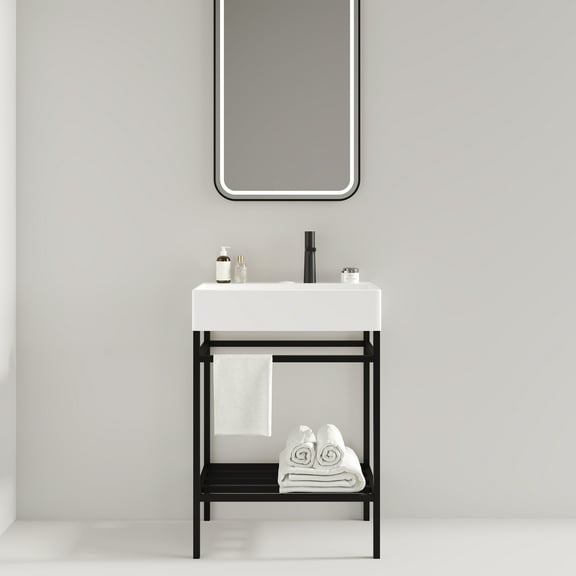 LOFI 24 in Freestanding Bathroom Vanity w/ Glossy White Rectangular Ceramic Basin, Open Metal Legs, Storage Shelves, Black Frame, No Faucet Included