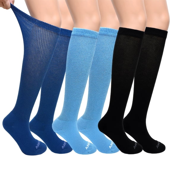 LOFIR Bamboo Viscose Diabetic Socks for Men Women, Extra Wide Non-Binding Moisture-Wicking Neuropathy Socks, 6 Pairs Seamless Knee High Socks, Size 11-13, Multi Color