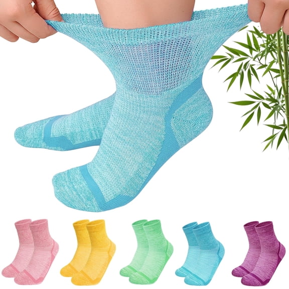 Diabetic-Friendly Comfort Socks, 5 Pairs LOFIR Ultra-Soft Bamboo Viscose Crew Socks, Pressure-Free Fit with Smooth Knit Design, Sweat-Wicking Ventilated Fabric for Sensitive Feet, Size 11-13