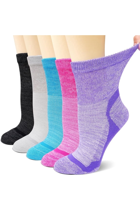Diabetic-Friendly Comfort Socks, 5 Pairs LOFIR Ultra-Soft Bamboo Viscose Crew Socks, Pressure-Free Fit with Smooth Knit Design, Sweat-Wicking Ventilated Fabric for Sensitive Feet, Size 9-11