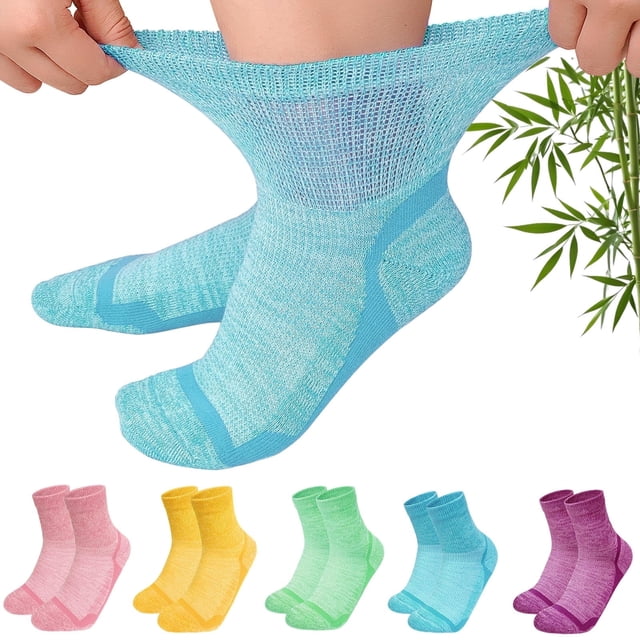 Diabetic-Friendly Comfort Socks, 5 Pairs LOFIR Ultra-Soft Bamboo Viscose Crew Socks, Pressure-Free Fit with Smooth Knit Design, Sweat-Wicking Ventilated Fabric for Sensitive Feet, Size 9-11