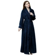 LOFIR Fleece Robe for Women Soft Warm Long Plush Bathrobe Slim Elastic Ladies Sleepwear Housecoats (S/M, Navy Blue)